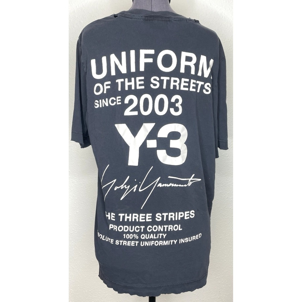 Y-3 Mens Adidas T-Shirt Uniform of the Streets Thrashed Distressed S Black